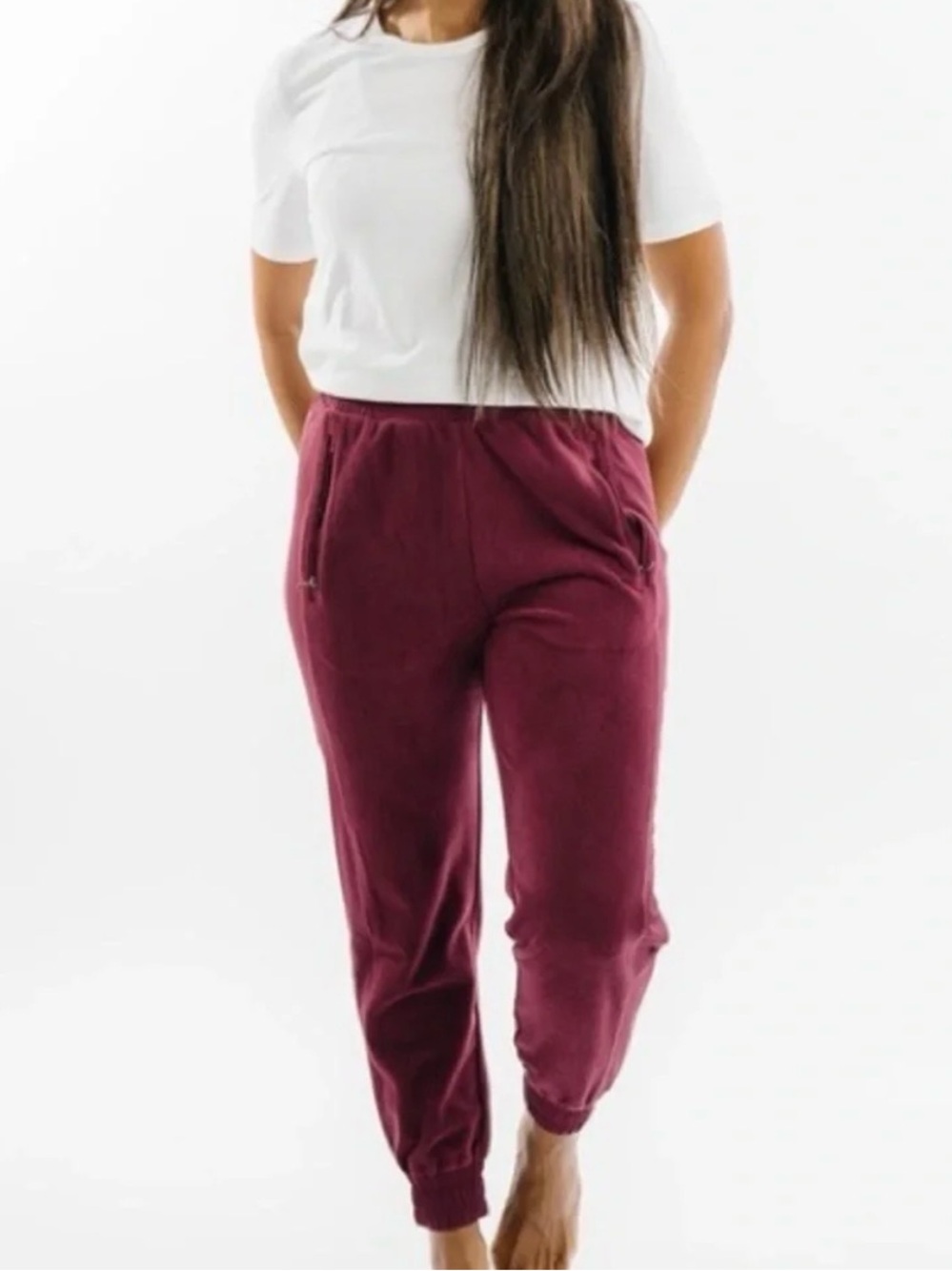 Zyia Active Maroon Fleece Jogger Pants Large Cozy Lounge Athleisure